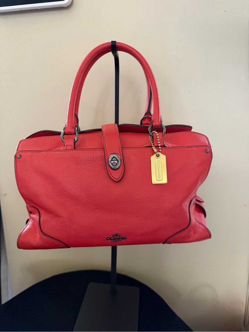 Coach Vibrant Red Pebble Leather Satchel with Gold Tag